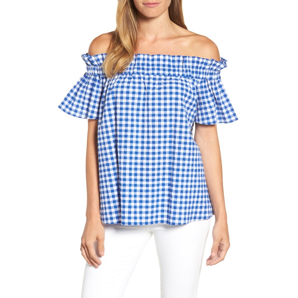 NEW Pleione Ruffle Off Shoulder Gingham Blouse